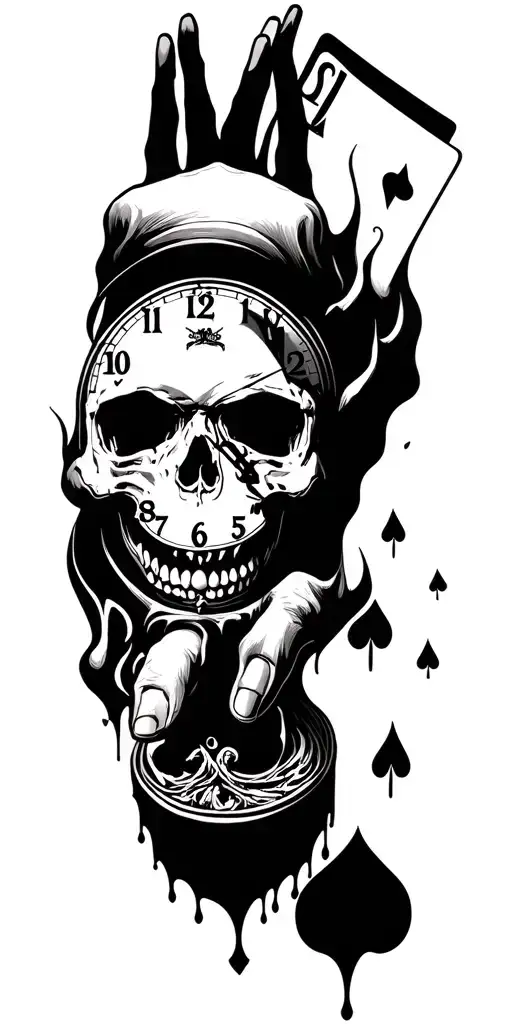 skull poker hands clock melting tattoo design idea