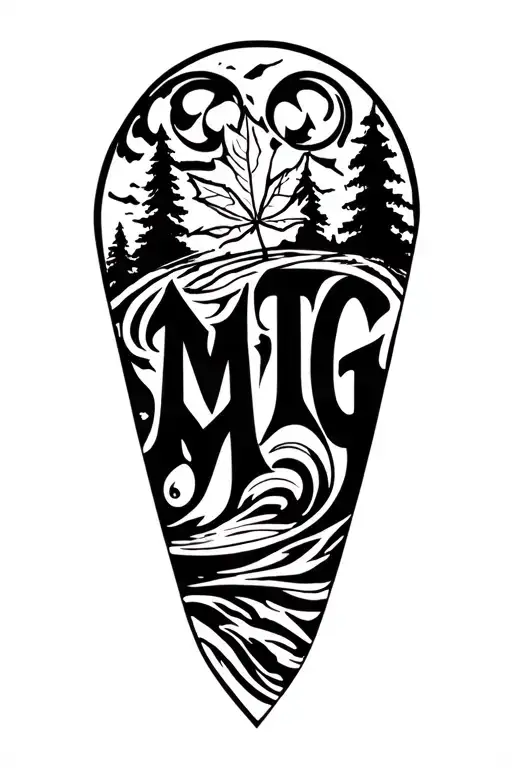 "Mtg" maple leaf, lake, forest, ocean waves, mountiains, tribal design for calf, vertical long and narrow tattoo design idea