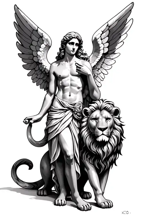 Greek Angel with lion tattoo design idea
