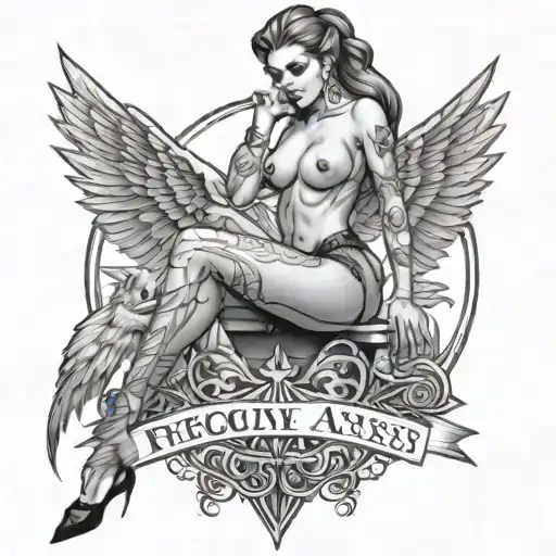 Phoenix is looking on a hot model striper bend show her ass, pole dancer, and under write "i reborn from asses" "Lilith  tattoo design idea