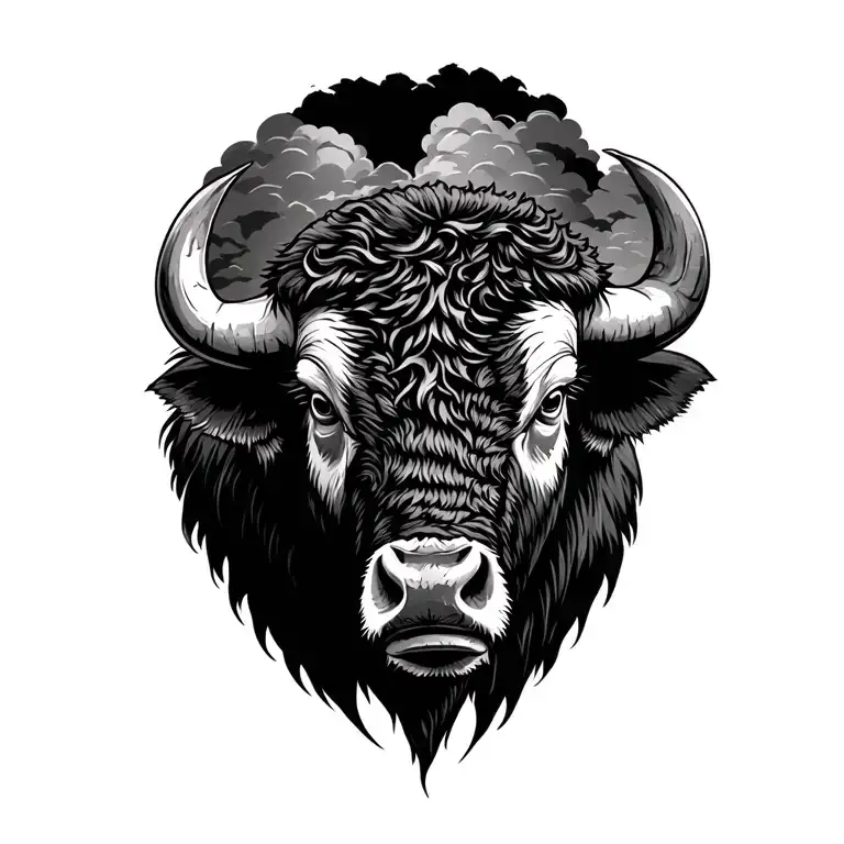 buffalo head with storm clouds in background black and white tattoo design idea