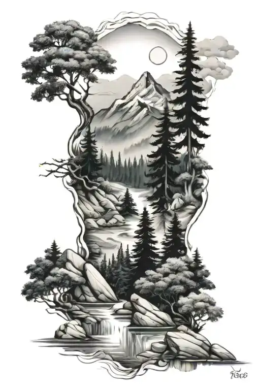 Blue Ridge Mountain sleeve tattoo design combining river and forest tattoo design idea
