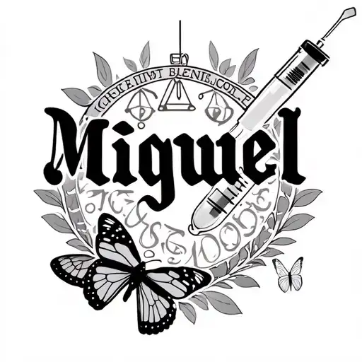 the name Miguel from a syringe drip with the Libra sign and a small butterfly  tattoo design idea