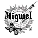 the name Miguel from a syringe drip with the Libra sign and a small butterfly  tattoo design idea
