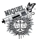 the name Miguel from a syringe drip with the Libra sign and a small butterfly  tattoo design idea