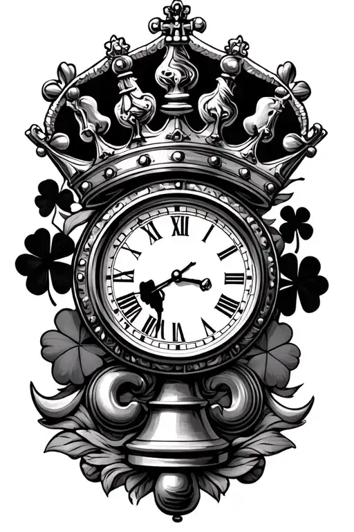 clock and  horse chess piece in the center  and a aggressive crown above with 4 leaf clover surrounding  tattoo design idea