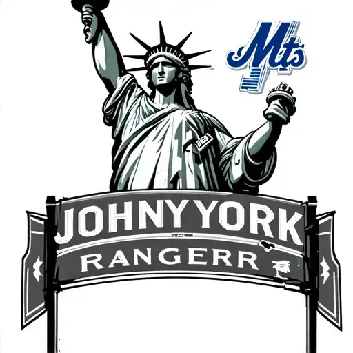 Statue of Liberty wearing  Rangers jersey Johnny thunderbird flying Mets logo and New York street sign tattoo design idea