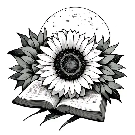 simple, book, planet , sunflower surrounded tattoo design idea