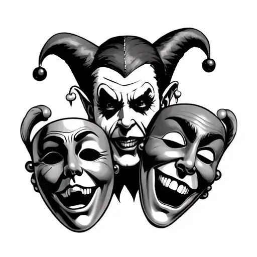 evil jester holding 2 drama masks tattoo design idea