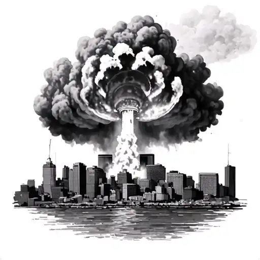nuclear explosion with Philadelphia skyline for men's shoulder  tattoo design idea