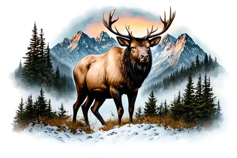 mountains and bull elk tattoo design idea