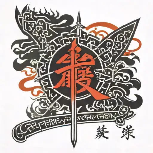 everything happens for a reason written in Chinese letters with a blade going through it   tattoo design idea