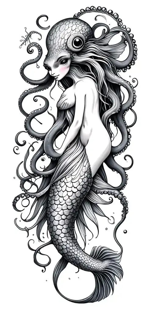 octopus and mermaid and fish tattoo design idea