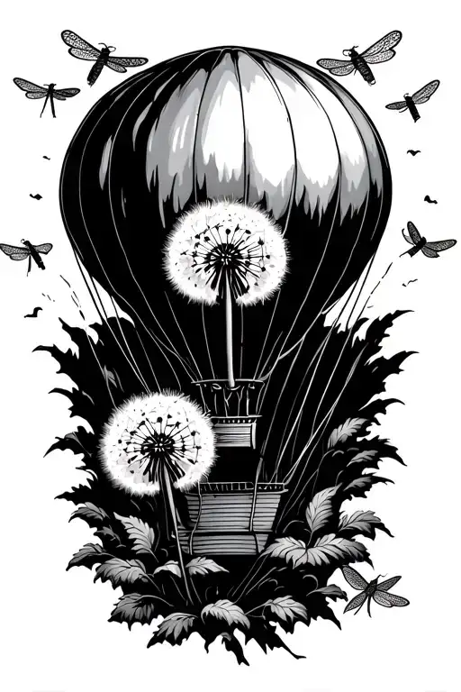 hot air balloon with a dandelion as balloon as the seed blow frome the top the turn into dragonflys getting bigger as th tattoo design idea