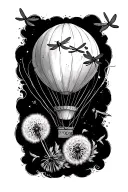 hot air balloon with a dandelion as balloon as the seed blow frome the top the turn into dragonflys getting bigger as th tattoo design idea