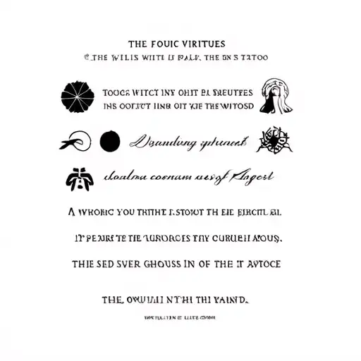 A black band with in it in white the four stoic virtues in text along with corresponding icons tattoo design idea