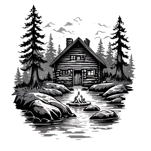 cabin in the woods with trees and small stream in front of it with a campfire  tattoo design idea