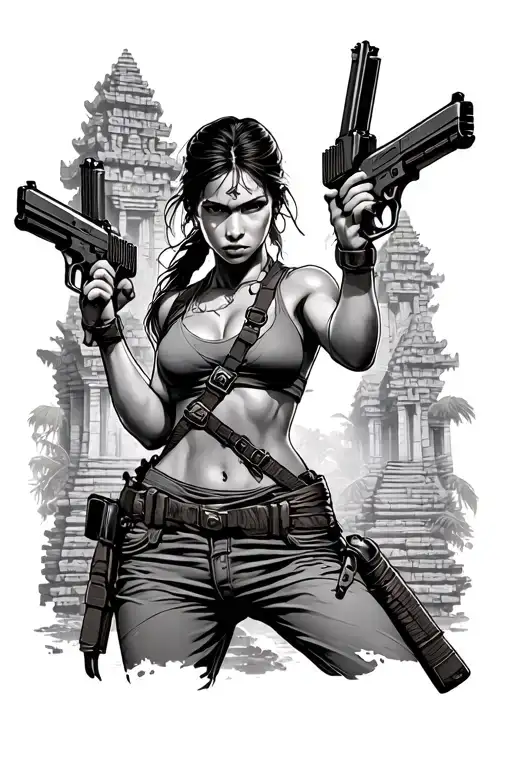 Lara Croft holding dual pistols in front of ancient jungle temples. tattoo design idea