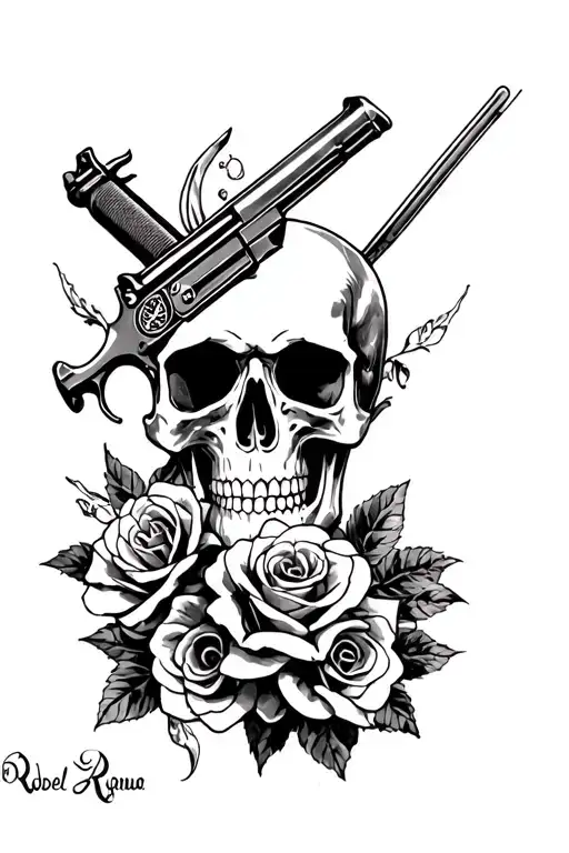 rebel flag , gun and roses skull surrounded tattoo design idea
