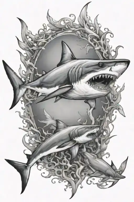 underwater ocean shark scene tattoo design idea