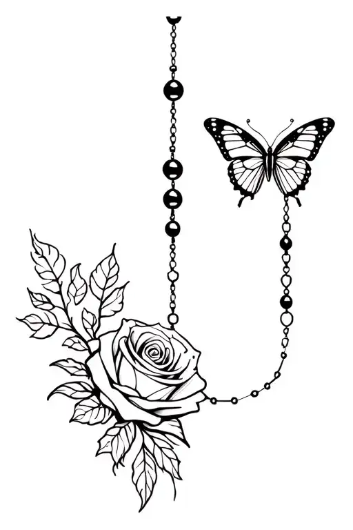 rose with butterfly and rosary tattoo design idea