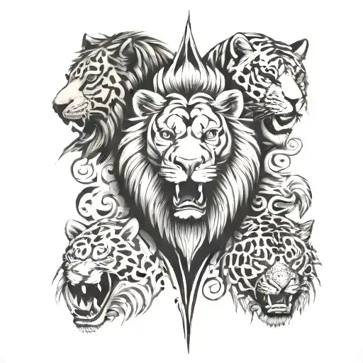 lion and tiger and shark and bear and eagle leg sleeve tattoo design idea