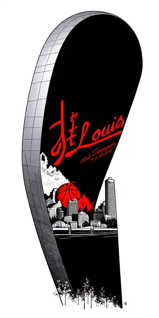 St Louis arch, mountains, basketball, turn tables, drawing and the color red tattoo design idea