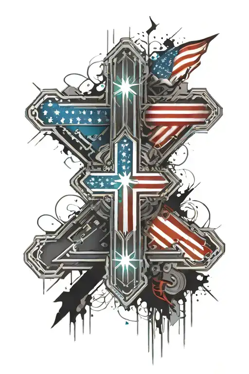 cross with American flag intertwined tattoo design idea