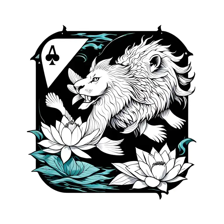 A mystical representation of the Poker card with a lion, a koi fish and lotus flower intertwined tattoo design idea