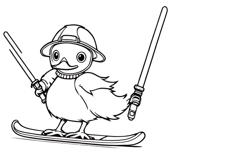 snow skiing fluffy duck with two twin tip skis holding a singular star wars lightsaber wearing a firefighter helmet tattoo design idea