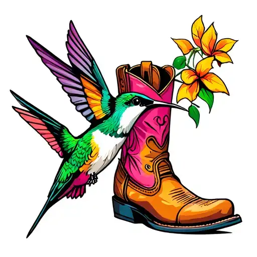 cowboy boot and hummingbird perched tattoo design idea