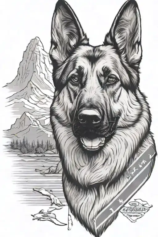German shepherd portrait saying "diabetes" mountain scene American flag waving tattoo design idea