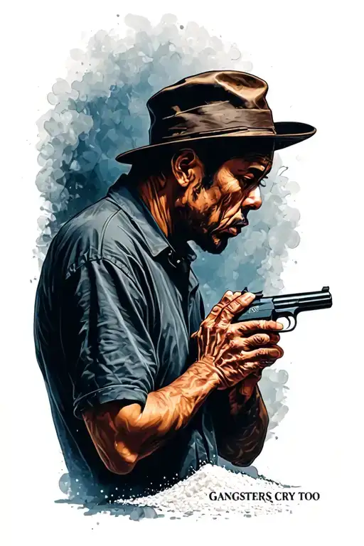 "Gangsters cry too" a dark design of a gangster praying with a gun on the flour that is the symbole of him looking for inner peace. tattoo design idea
