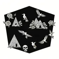 snake wrapped loosely pyramid,trees,roses,crows,24,9,moons,waterfalls, tattoo design idea