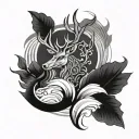 virile celtic deer, little black crows flying, one feather floating, one lotus flower and waves tattoo design idea