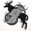 virile celtic deer, little black crows flying, one feather floating, one lotus flower and waves tattoo design idea