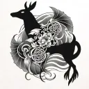 virile celtic deer, little black crows flying, one feather floating, one lotus flower and waves tattoo design idea