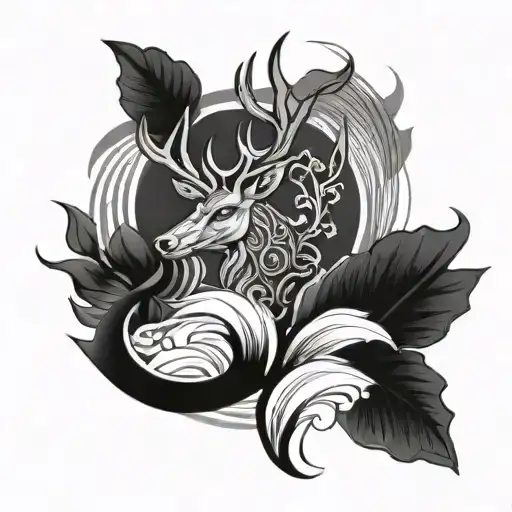 virile celtic deer, little black crows flying, one feather floating, one lotus flower and waves tattoo design idea