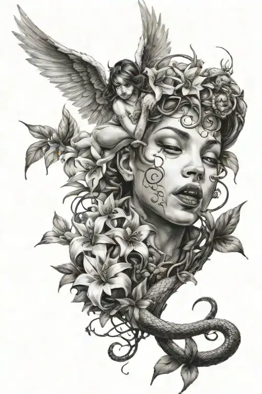 kid angel, kid devil flying, lily flowers, branches and leaves around them, and under that a snake and lilys around tattoo design idea