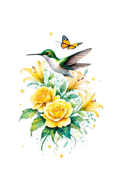hummingbird and butterfly flying together with yellow roses and stargazing lilies  tattoo design idea