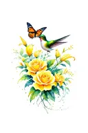 hummingbird and butterfly flying together with yellow roses and stargazing lilies  tattoo design idea