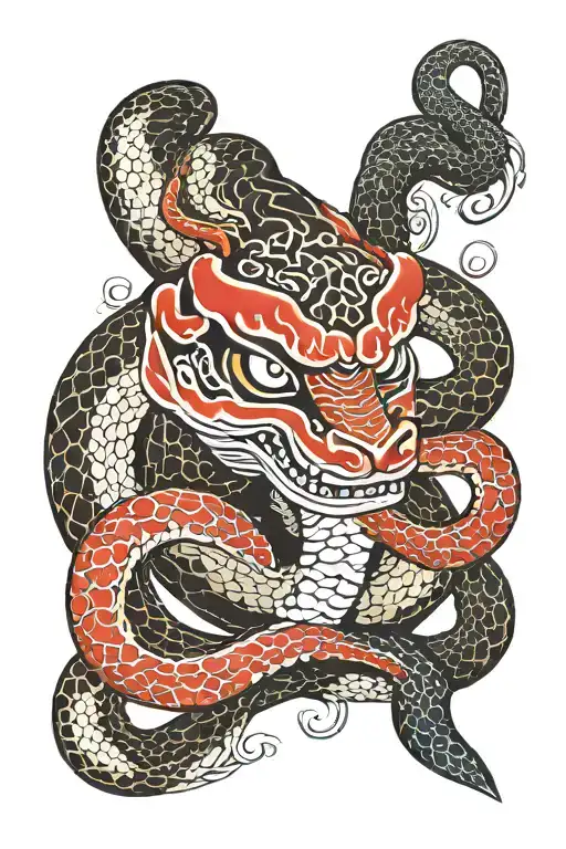 snake and japanese mask tattoo design idea