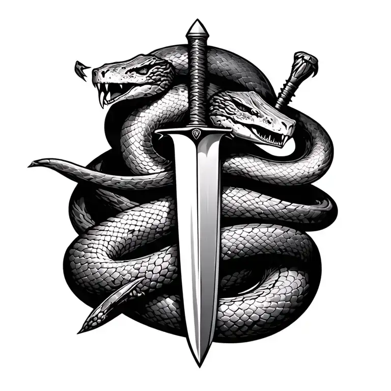 A snake wrapping a sword or a blade. The snake is depicted with an open mouth, demonstrating fangs. для предплечья tattoo design idea