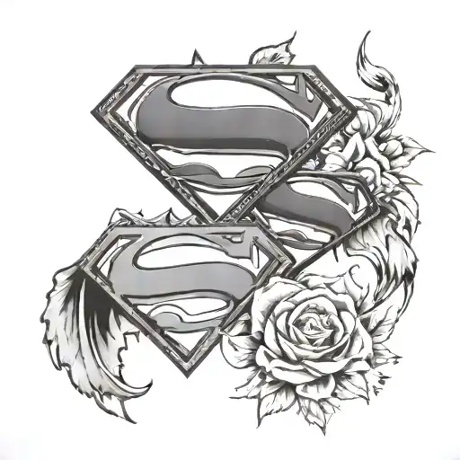 superman and batman logo with flower birds tattoo design idea