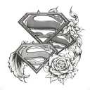 superman and batman logo with flower birds tattoo design idea