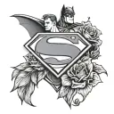 superman and batman logo with flower birds tattoo design idea