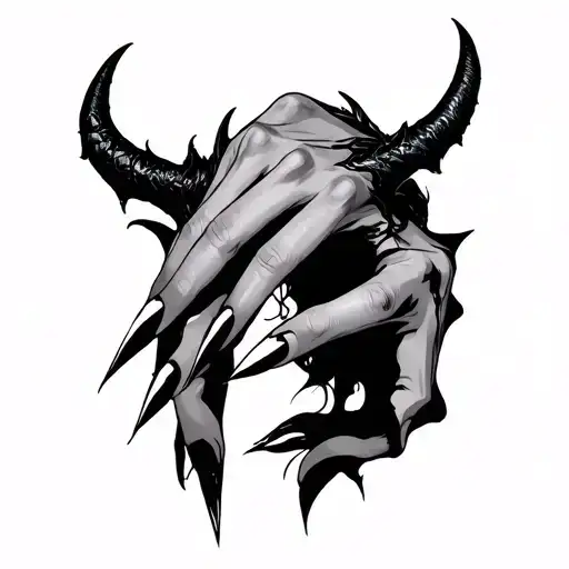 female demon hand, stiletto nail, scratching right pec tattoo design idea