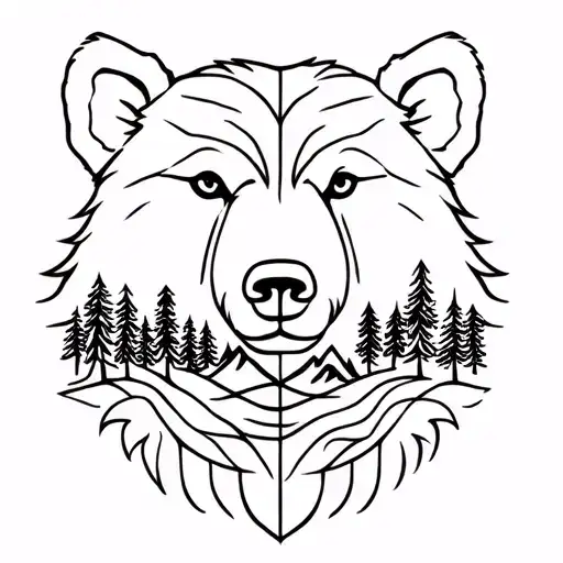 bear head with forests and mountains inside tattoo design idea