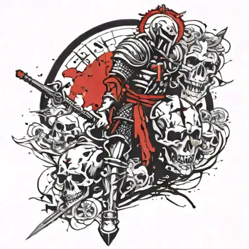 A knight with a sword shield and skulls tattoo design idea