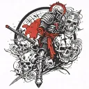 A knight with a sword shield and skulls tattoo design idea